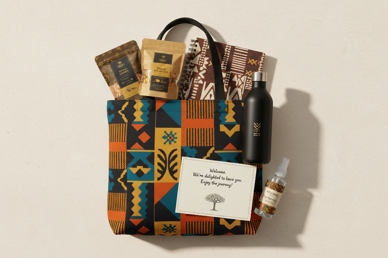 make it african print themed. Perfect for conference attendees and event welcome giftsOur signature welcome gift combines practicality and style. This set ensures your guests are prepared and feel appreciated from the moment they arrive.Starting at $145African-Inspired Canvas Tote BagReusable Water BottleSpiral NotebookArtisan SnacksBranded Hand SanitizerHandwritten Notecard