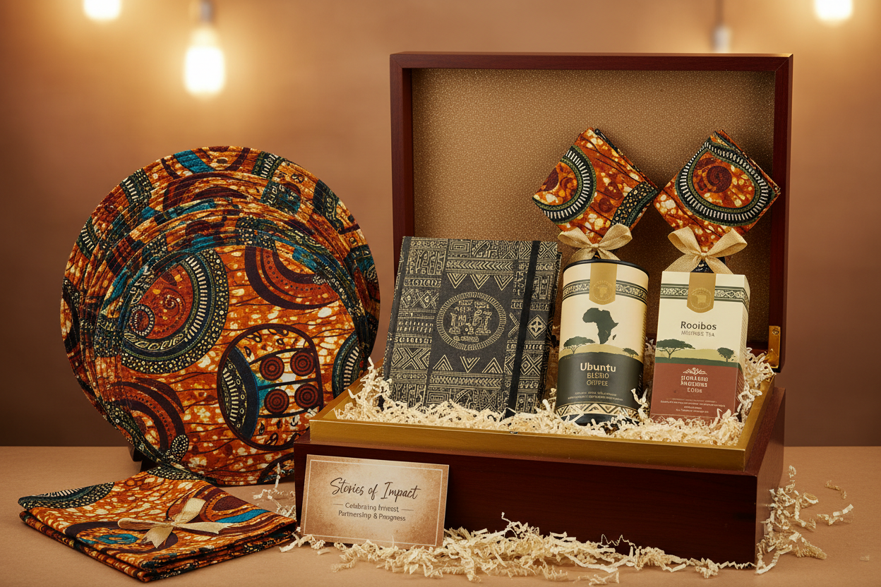 make it african print themed, The Celebrate Culture Box
An elegant choice for premium client and executive gifting

This luxury collection of handcrafted home goods makes a sophisticated statement of gratitude and respect. A gift designed to be displayed and treasured.

Starting at $185
Set of Four Woven Placemats
Set of Four Cloth Napkins
Heritage Queen Hardcover Journal
Small-Batch Artisan Coffee or Tea
Stories of Impact Card
Luxury Gift Box